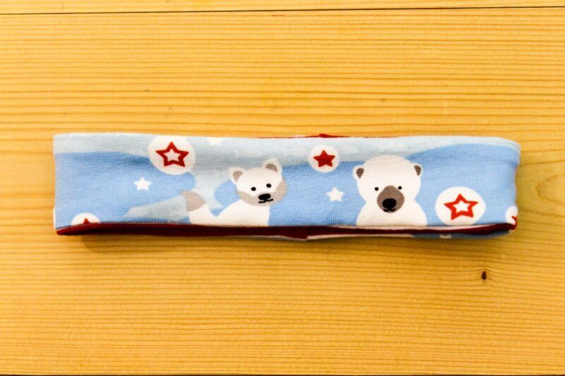 Baby-Wende-Stirnband/Haarband Eisbär hellblau-rot-weiss