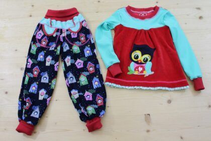 Set Cordhose & Shirt Eule blau-rot-mint